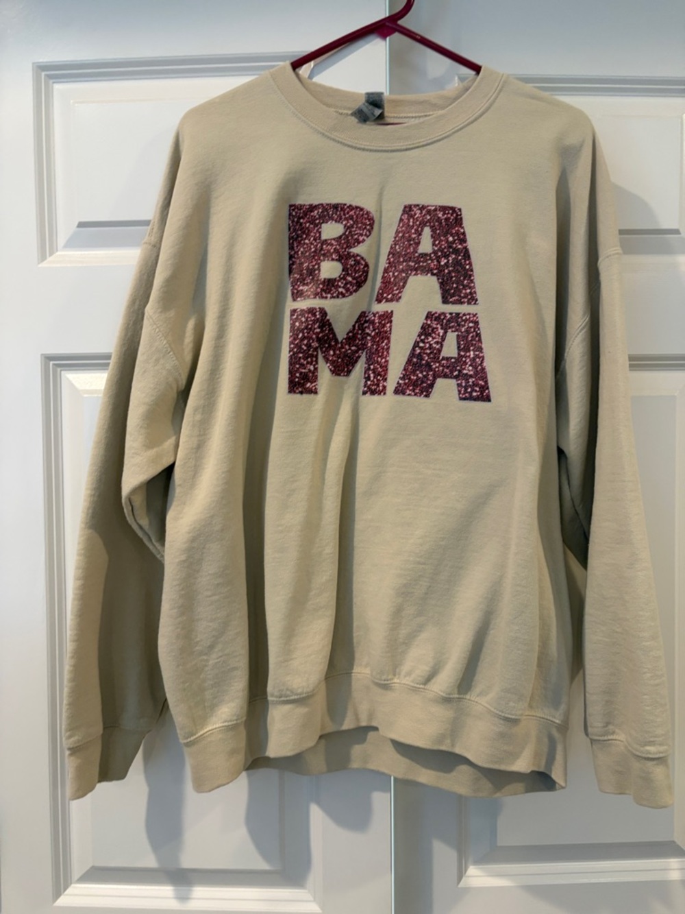 Beige 'BAMA' Faux Glitter Letter Crewneck Sweatshirt